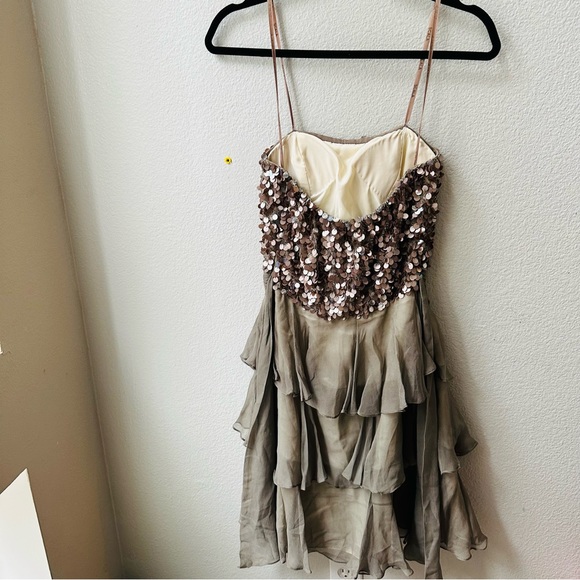SCALA strapless taupe gray sparkle sequin silk ruffle mini prom dress womens 2 - Picture 9 of 13